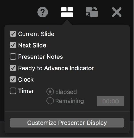 The presenter display options, including Current Slide, Next Slide, Presenter Notes, Ready to Advance Indicator, Clock, and Timer. The timer has additional options to show either the time elapsed or the time remaining.