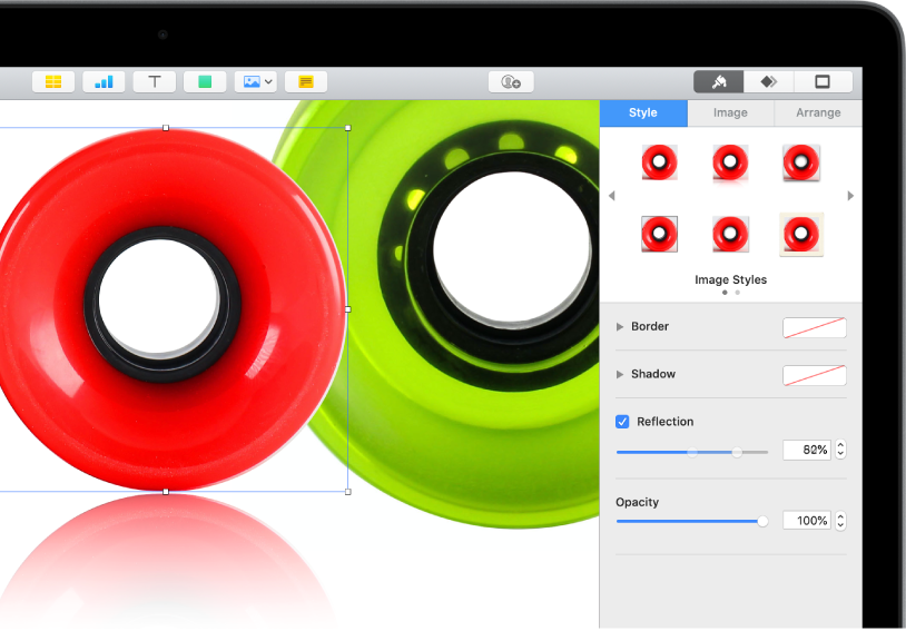 The Format controls for changing the size and appearance of the selected image. Style, Image, and Arrange buttons are across the top of the controls.