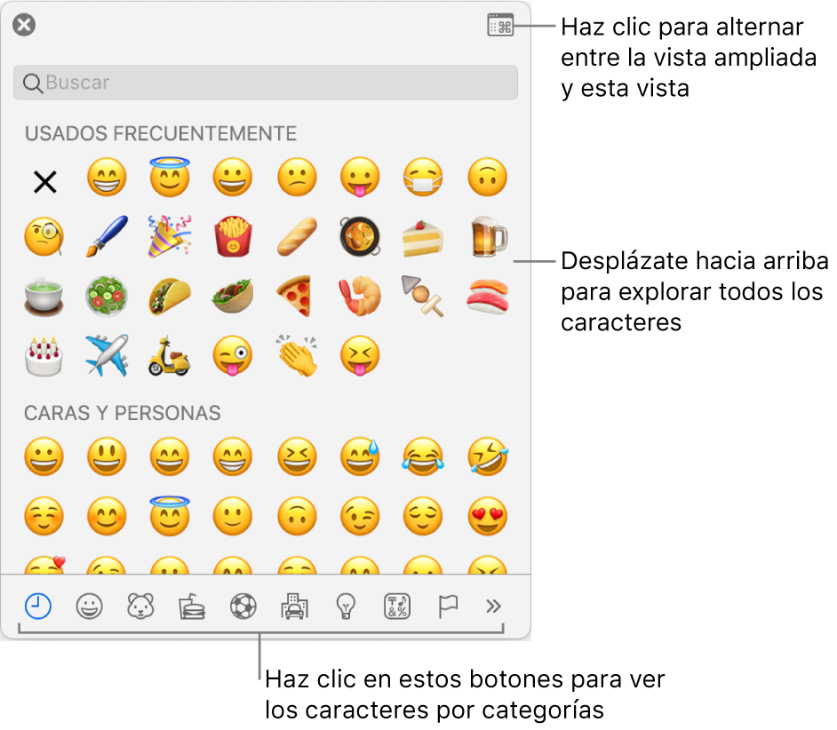 La ventana desplegable "Caracteres especiales" con emotíconos, botones para diferentes tipos de símbolos en la parte inferior y un mensaje en un botón para mostrar la ventana Caracteres completa.