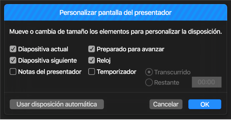 Cuadro de diálogo "Personalizar pantalla del presentador".