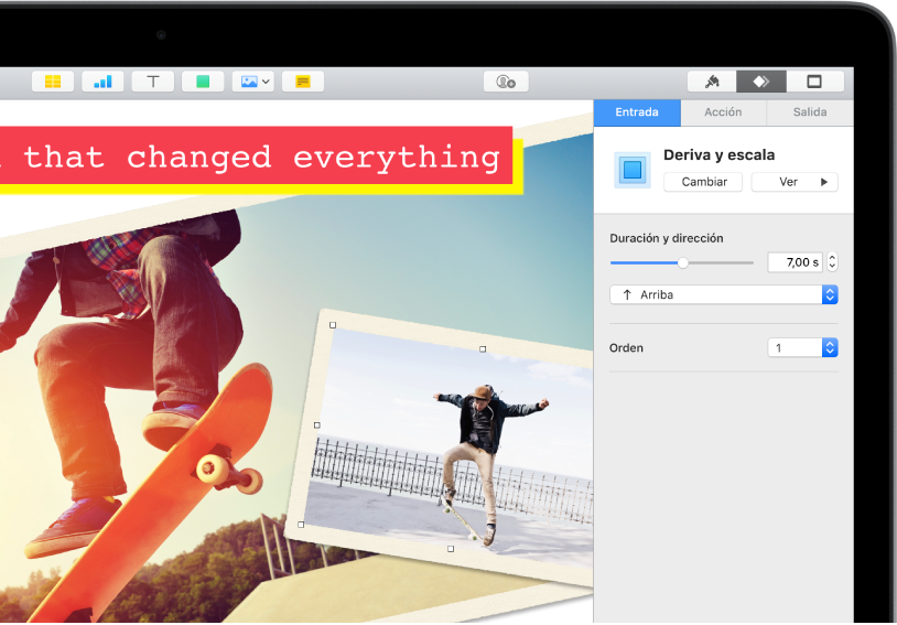 Los controles de animación para añadir animación a la imagen seleccionada. A lo ancho de la parte superior de la barra lateral se encuentran los botones Entrada, Acción y Salida. Se selecciona Entrada y se ven controles para los efectos Deriva y Escala.