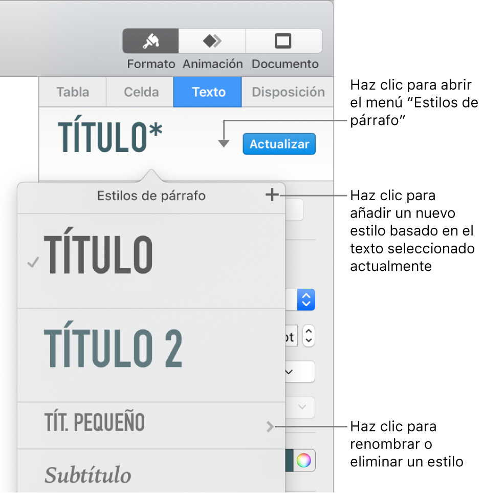 El menú “Estilos de párrafo”, con los controles para añadir o cambiar un estilo.