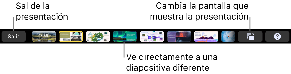 La Touch Bar del MacBook Pro con controles de presentación para salir de la presentación, ir a diapositivas diferentes y cambiar la pantalla del presentador.