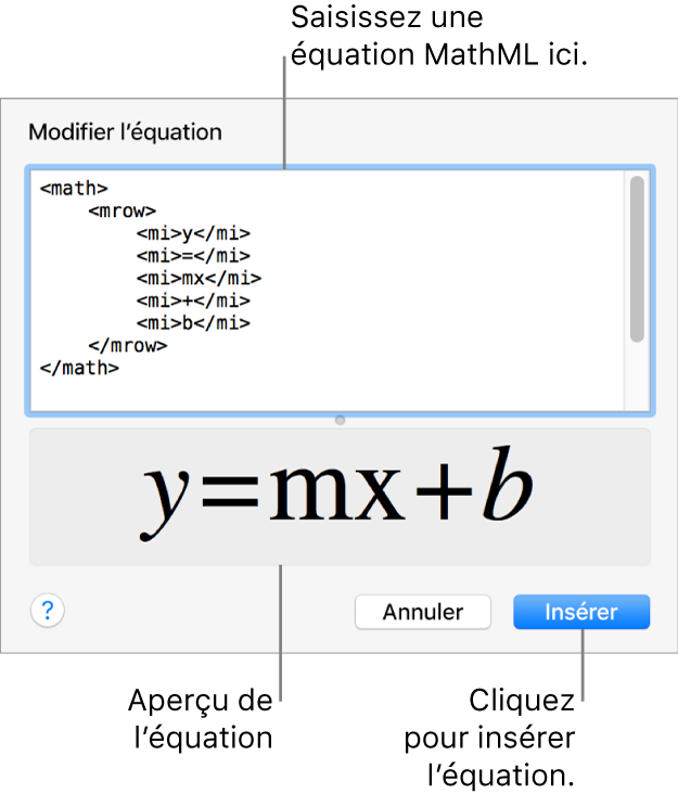 Équation de la pente d’une droite dans le champ Modifier l’équation et aperçu de la formule en dessous.