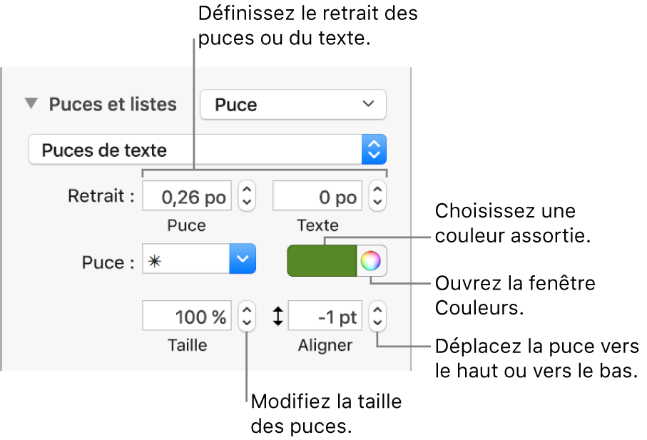 Section Puces et listes accompagnée des légendes des commandes pour le retrait des puces et du texte, la couleur des puces, leur taille et leur alignement.