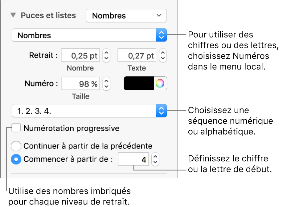 Commandes de modification du style de numérotation et de l’espacement d’une liste.