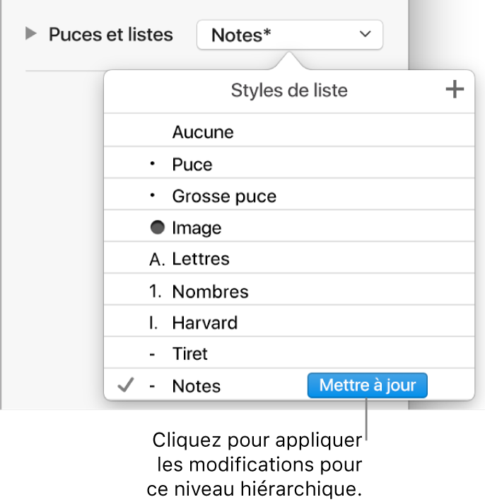 Menu contextuel Styles de liste avec un bouton Mettre à jour situé à côté du nom du nouveau style.