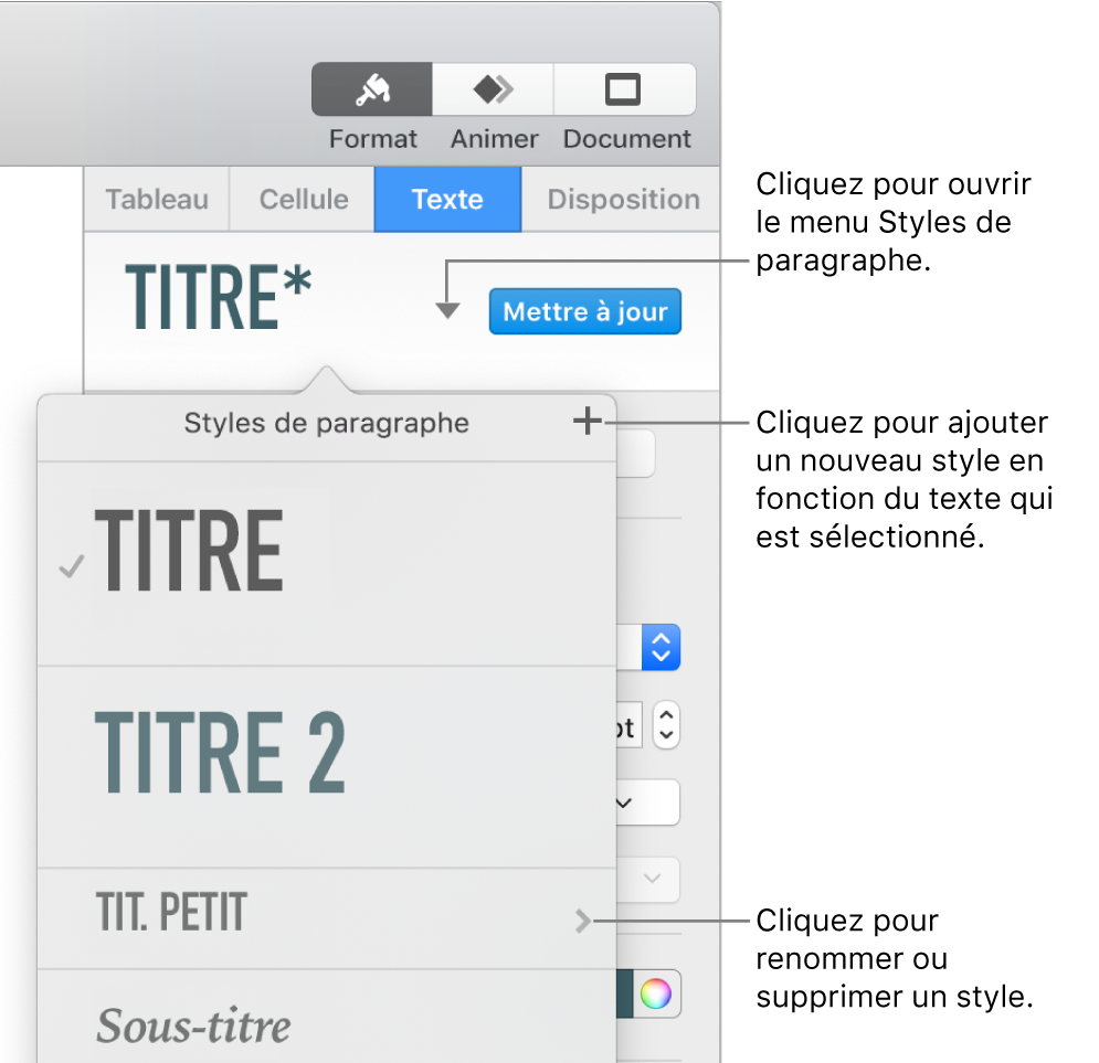 Le menu « Styles de paragraphe », affichant des commandes pour ajouter ou modifier un style.