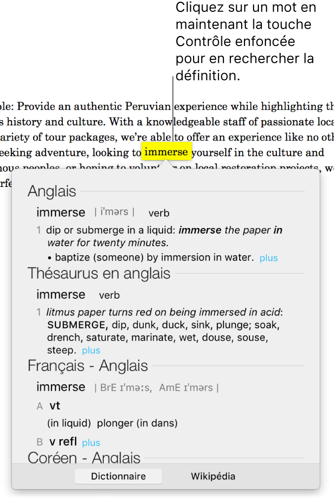 Un texte avec un mot surligné et une fenêtre contenant sa définition et des synonymes. Deux boutons en bas de la fenêtre fournissent des liens vers le dictionnaire et vers Wikipedia.