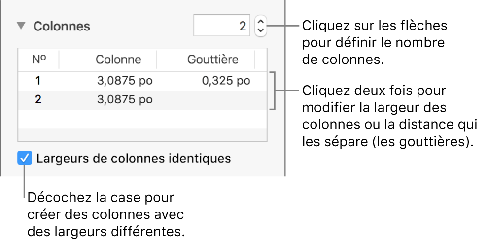 Commandes de la section Colonnes permettant de modifier le nombre de colonnes et leurs largeurs.