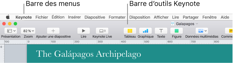 La barre des menus en haut de l’écran avec les menus Pomme, Keynote, Fichier, Édition, Insertion, Format, Disposition, Présentation, Partager, Fenêtre et Aide. Sous la barre des menus, une présentation Keynote est ouverte avec une barre d’outils supérieure proposant les boutons Présentation, Zoom, Ajouter une Diapo, Lecture, Keynote Live, Tableau, Graphique, Texte, Figure, Données multimédias et Commentaire.