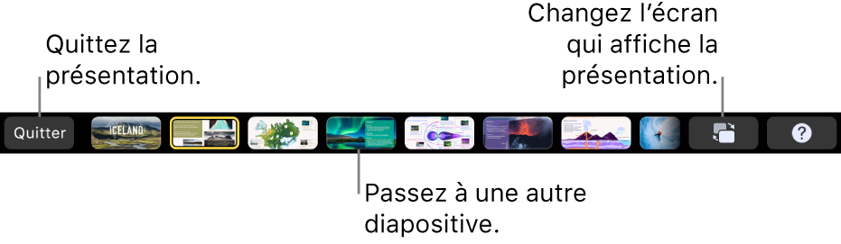 La Touch Bar du MacBook Pro avec des commandes de présentation pour quitter la présentation, accéder à d’autres diapositives et permuter l’affichage de l’intervenant.