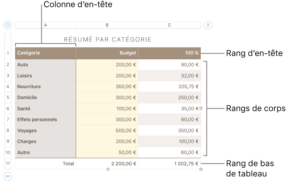 Tableau affichant des rangs et des colonnes d’en-tête, de corps et de bas de tableau, et poignées pour ajouter ou supprimer des rangs ou des colonnes.