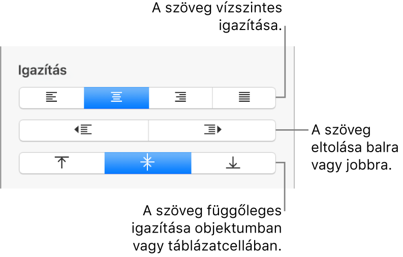 A Formátum gombbal elérhető Igazítás szakasz a szövegigazítási gombokat ismertető feliratokkal.