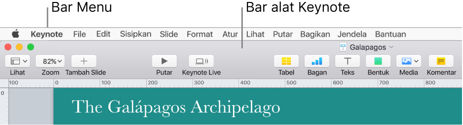 Bar menu di bagian atas layar dengan menu Apple, Keynote, File, Edit, Sisipkan, Format, Susun, Lihat, Bagikan, Jendela, dan Bantuan. Di bawah bar menu adalah presentasi Keynote yang terbuka dengan tombol bar alat di sepanjang bagian atas untuk Lihat, Zoom, Tambah Slide, Putar, Keynote Live, Tabel, Bagan, Teks, Bentuk, Media, dan Komentar.
