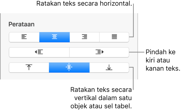 Bagian Perataan pada bar samping menampilkan tombol untuk meratakan teks secara horizontal, memindahkan teks ke kiri atau kanan, dan meratakan teks secara vertikal.