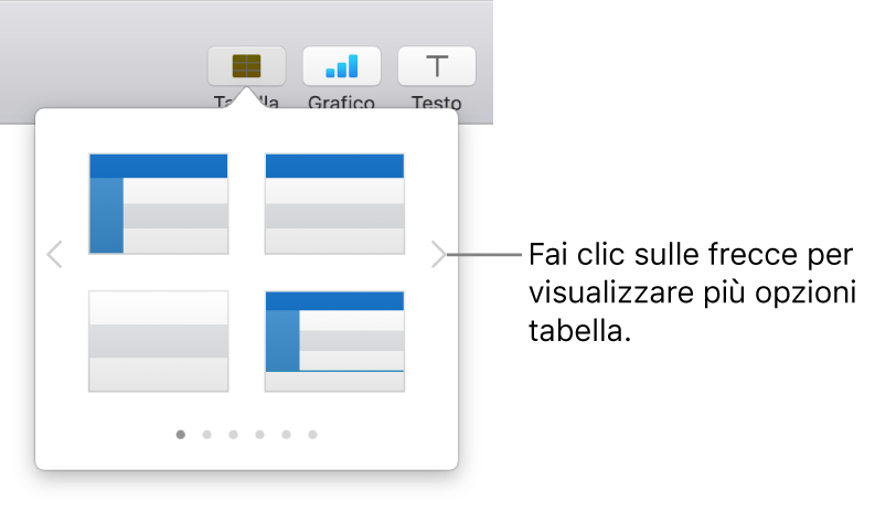Pannello “Aggiungi tabella” con frecce di navigazione a sinistra e a destra.