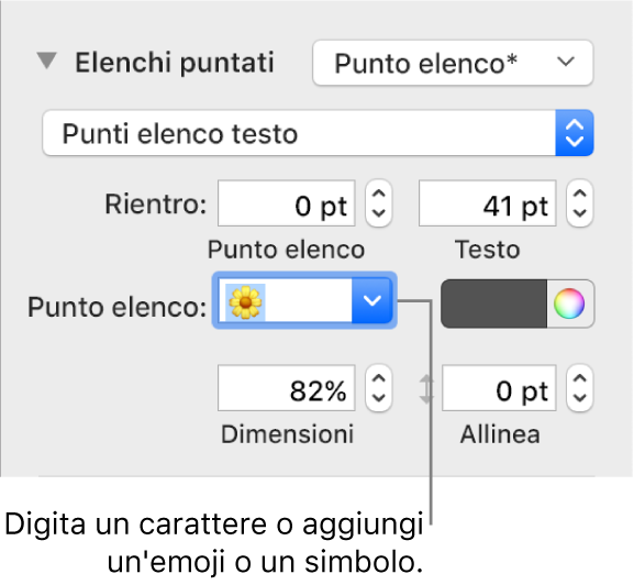 La sezione “Elenchi puntati” della barra laterale Formato. Nel campo “Punto elenco” viene visualizzata l'emoji di un fiore.