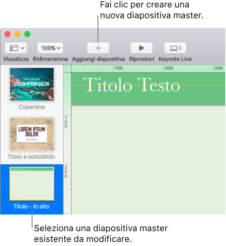 Diapositiva master nell'area di lavoro della diapositiva, con il pulsante “Aggiungi diapositiva” nella barra degli strumenti.