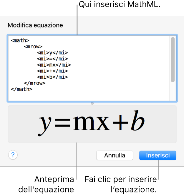 L'equazione del coefficiente angolare di una retta nel campo “Modifica equazione” e un'anteprima della formula sotto.