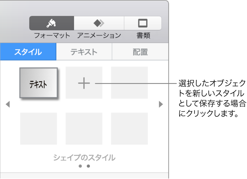 「フォーマット」サイドバーの「スタイル」タブ。1つのテキストボックスのスタイル、その右に「スタイルを作成」ボタン、ほかに4つの空白のスタイルプレースホルダが表示された状態。