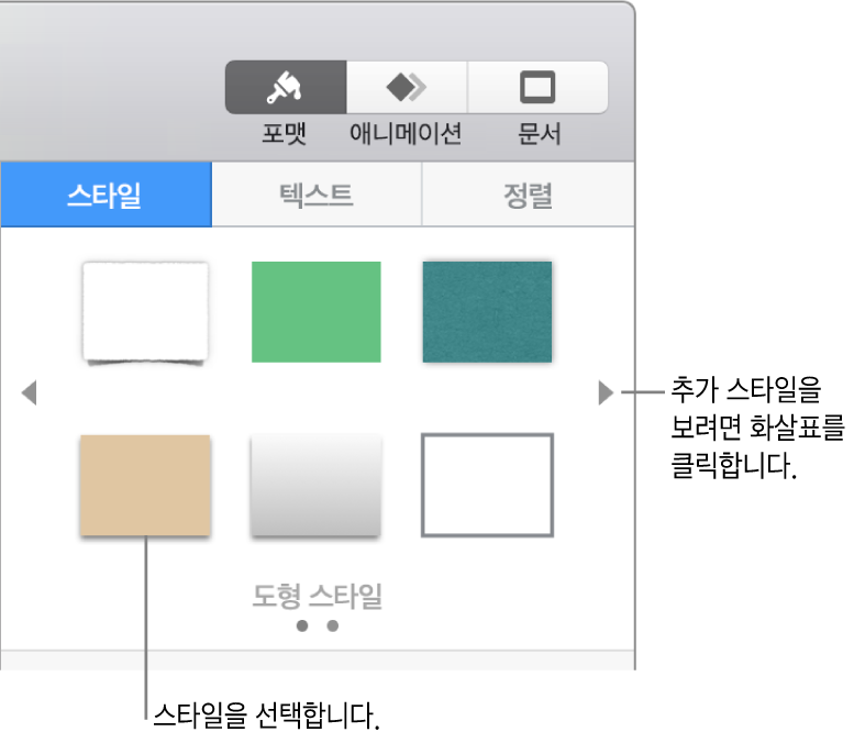 여섯 개의 대상체 스타일과 왼쪽 및 오른쪽에 탐색 화살표가 있는 포맷 사이드바의 스타일 탭.