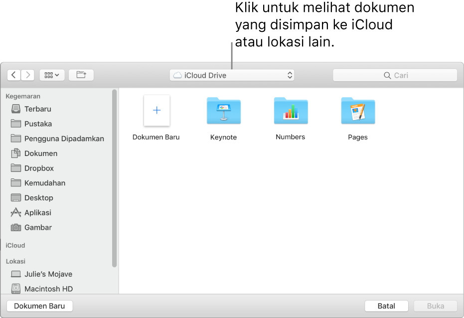 Dialog Buka dengan bar sisi dibuka pada bahagian kiri dan iCloud Drive dipilih dalam menu timbul di bahagian atas. Folder untuk Keynote, Numbers dan Pages muncul dalam dialog, bersama dengan butang Dokumen Baru.