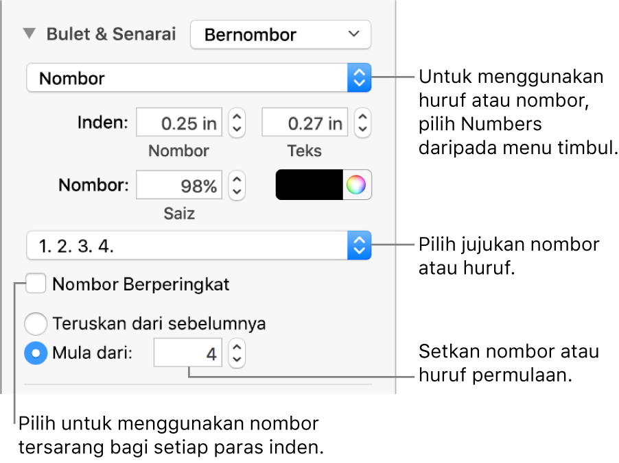 Kawalan untuk menukar gaya nombor dan jarak senarai.