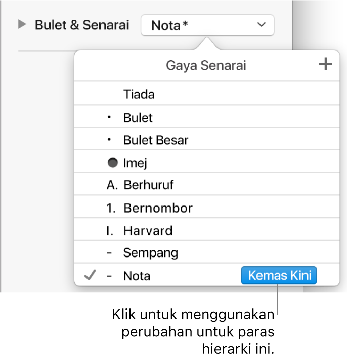 Menu timbul Gaya Senarai dengan butang Kemas Kini bersebelahan nama gaya baru.