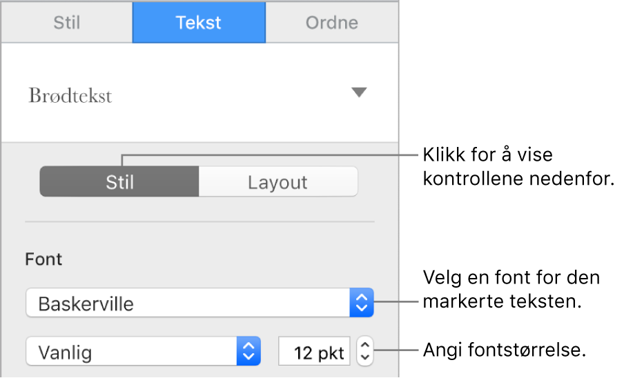 Tekstkontroller i Stil-delen i sidepanelet for å angi font og fontstørrelse.