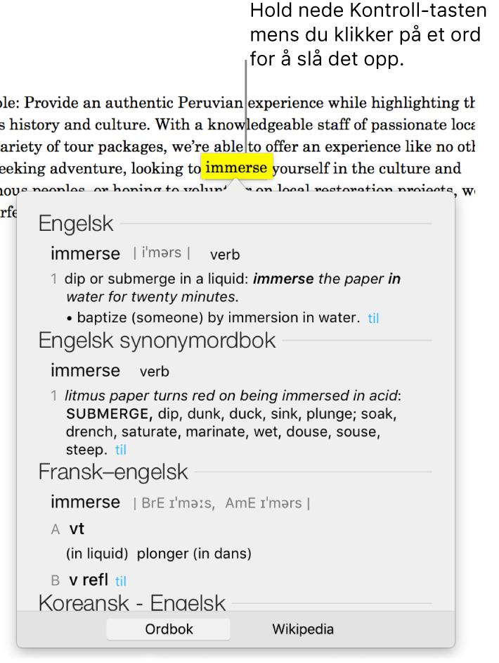 Tekst med et ord markert og et vindu som viser definisjonen og en synonymordbokoppføring. To knapper nederst i vinduet har koblinger til ordboken og Wikipedia.