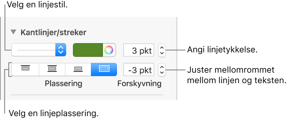 Kontroller for å endre stil, tykkelse, plassering og farge for linjen.