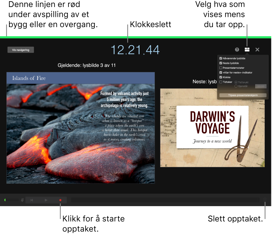 Skjermbilde av taleopptaksmodus på presentatørskjermen. Gjeldende og neste lysbilde, gjeldende tid og presentatørskjerm-kontroller er synlige. Kontrollen for å starte og avslutte opptaket og kontrollen for å slette opptaket vises mot bunnen av skjermen.