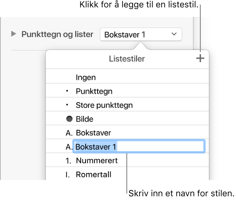 Listestiler-lokalmenyen med en Legg til-knapp øverst i høyre hjørne og et plassholderstilnavn med teksten markert.