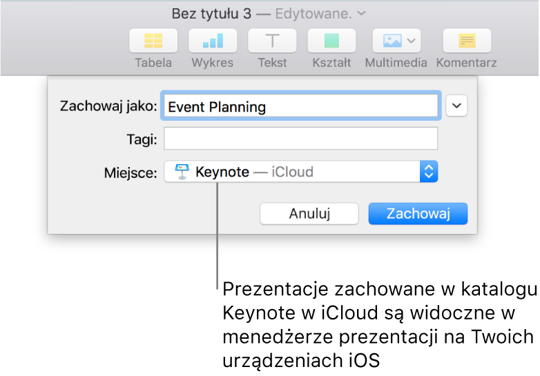 Okno dialogowe zachowywania prezentacji; w menu podręcznym Miejsce wybrana jest opcja Keynote — iCloud.