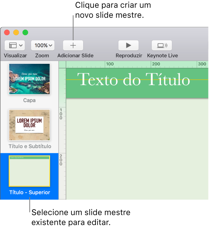 Um slide mestre exibido na tela de slides, com o botão Adicionar Slide acima dele na barra de ferramentas.