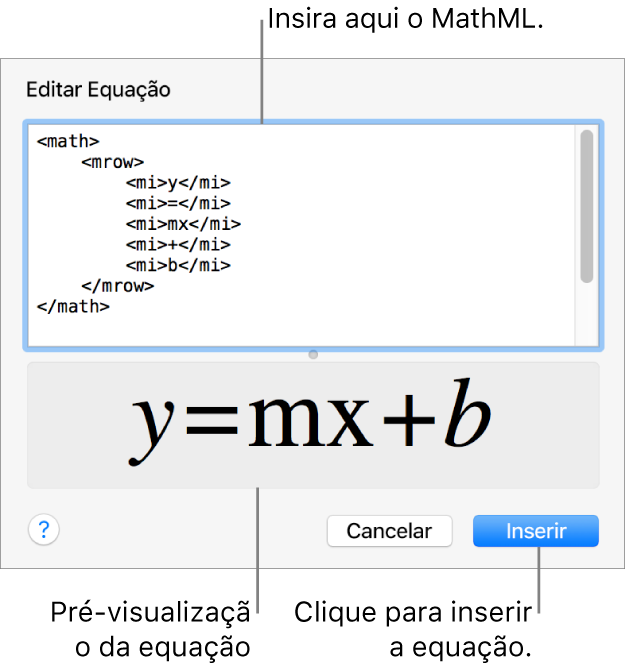 A equação da inclinação de uma linha no campo Editar Equação e uma pré-visualização da fórmula abaixo.