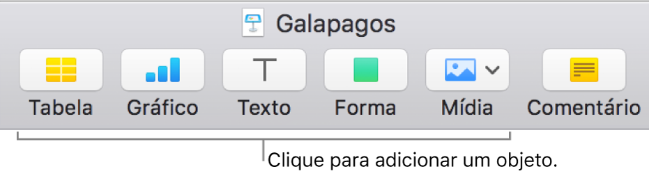 A barra de ferramentas do Keynote mostrando os botões usados para adicionar um objeto a um slide.