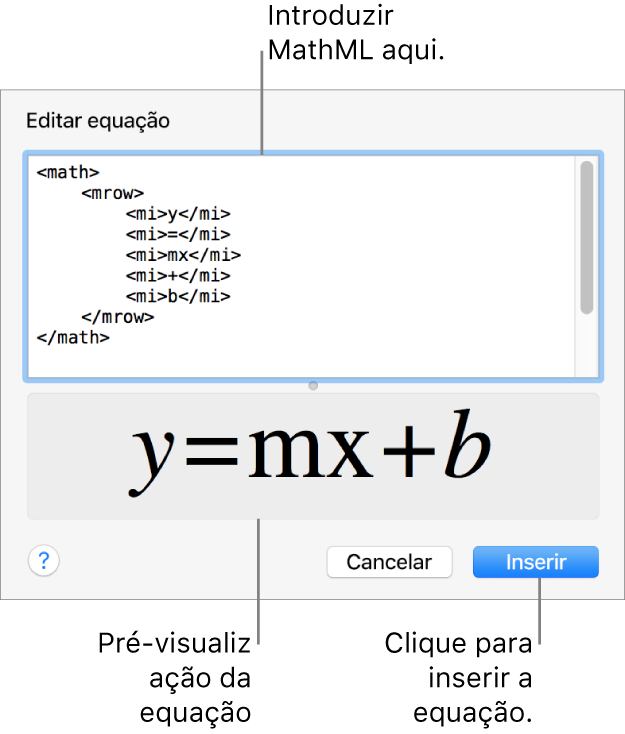 A equação para a inclinação de uma linha no campo “Editar equação” e uma pré-visualização da equação em baixo.