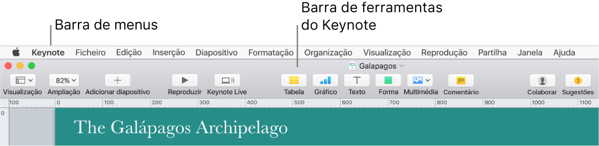 A barra de menus na parte superior do ecrã com os menus Apple, Keynote, Ficheiro, Edição, Inserir, Formatação, Organização, Visualização, Partilhar, Janela e Ajuda. Por baixo da barra de menus encontra-se uma apresentação aberta do Keynote com os botões da barra de ferramentas na parte superior para Visualização, Ampliação, Adicionar apresentação, Reproduzir, Keynote Live, Tabela, Gráfico, Texto, Forma, Multimédia e Comentário.