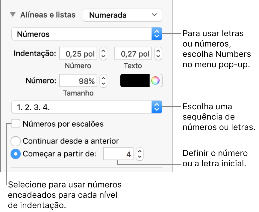 Controlos para alterar o estilo de número e o espaçamento de uma lista.