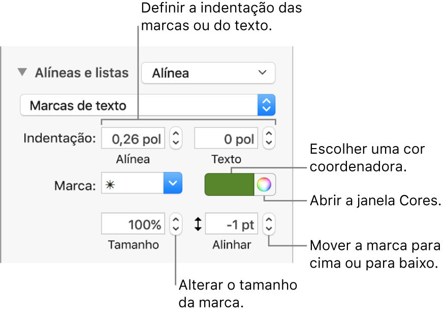 A secção “Marcas e listas” com chamadas para os controlos de indentação de texto e marcas, bem como cor, tamanho e alinhamento das marcas.