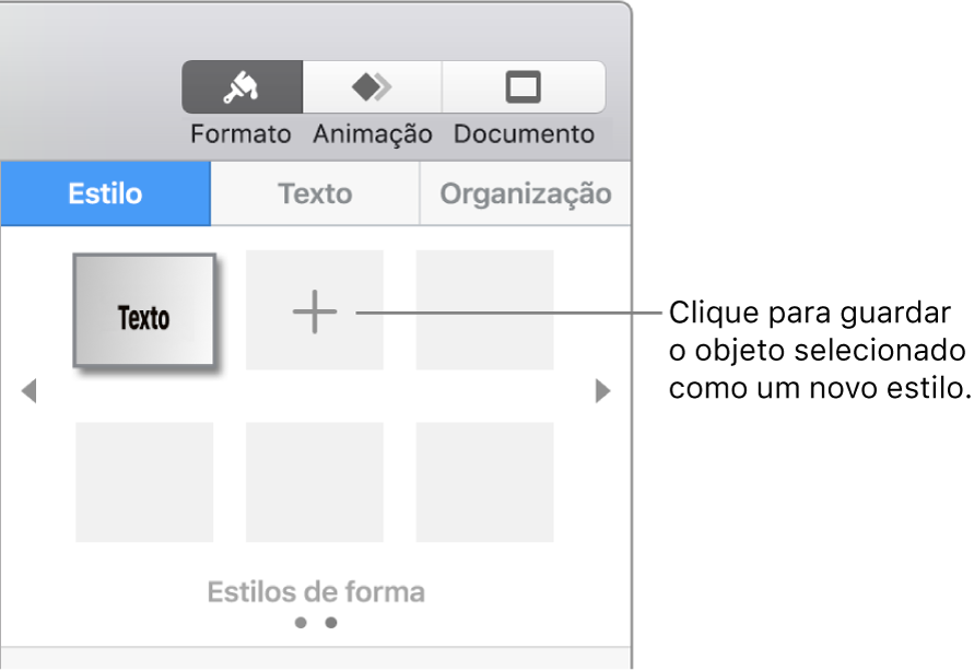 O separador Estilo da barra lateral Formatação com um estilo de caixa de texto, um botão “Criar estilo” à direita dele e quatro marcadores de posição de estilo vazios.