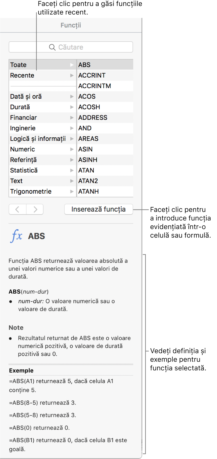 Browserul de funcții cu explicații despre funcțiile utilizate recent, butonul Inserează o funcție și definiția funcției.