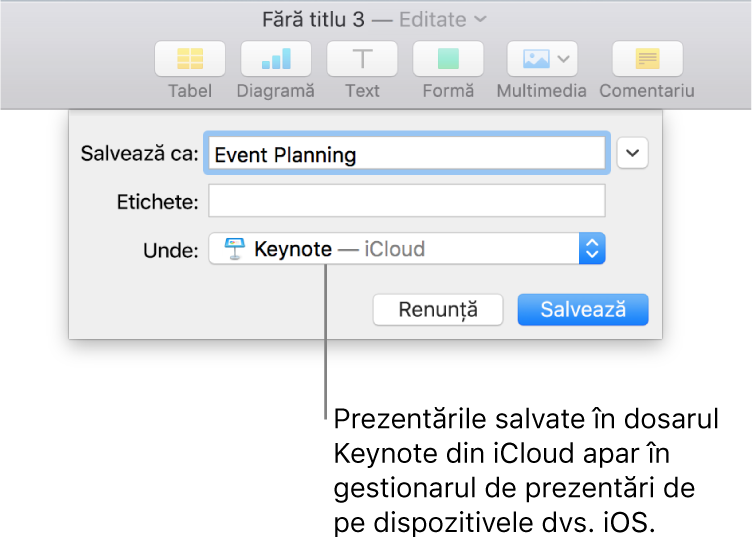 Dialogul Salvează pentru o prezentare cu Keynote - iCloud în meniul pop-up Unde.