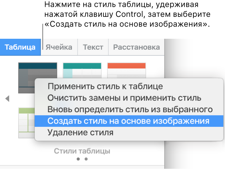 Контекстное меню стиля таблицы.
