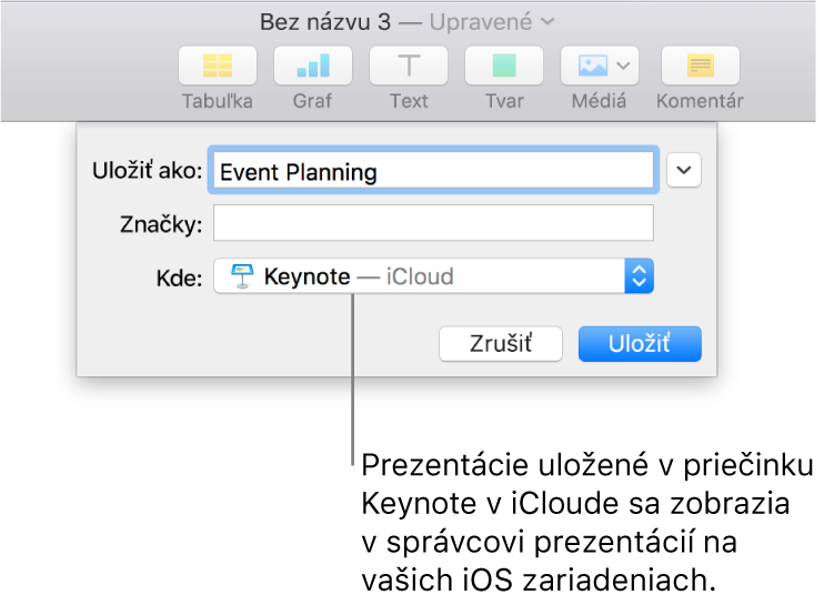 Dialógové okno Uložiť pre prezentáciu vytvorenú pomocou Keynote pre iCloud vo vyskakovacom menu Miesto.