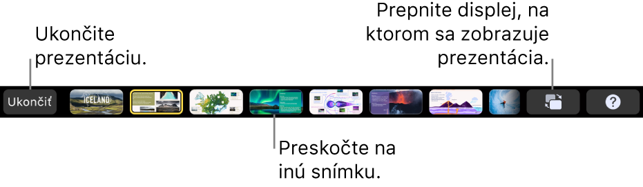 Touch Bar na MacBooku Pro, na ktorom sa zobrazujú ovládacie prvky na ukončenie prezentácie, prechod na rôzne snímky alebo prepnutie displeja prezentátora.