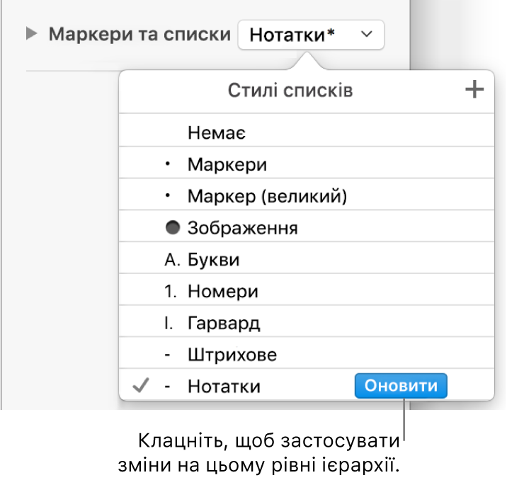 Спливне меню «Стилі списків» із кнопкою «Оновити» поруч із назвою нового стилю.