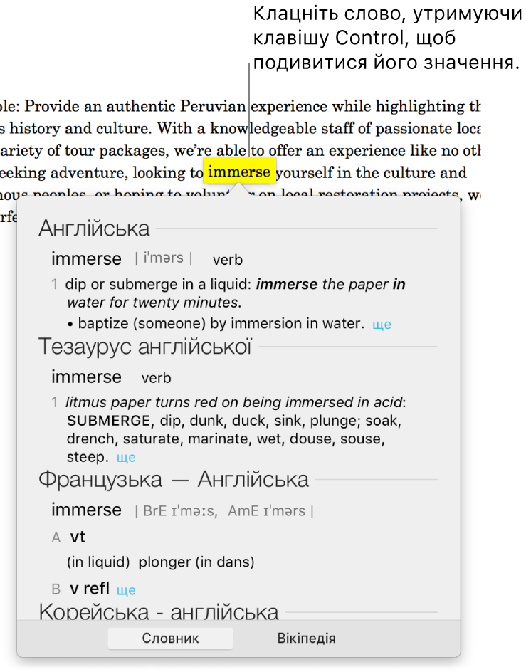 Текст із виділеним словом і вікно, в якому відображається його визначення та стаття з тезаурусу. Дві кнопки внизу вікна містять посилання на словник і на Вікіпедію.